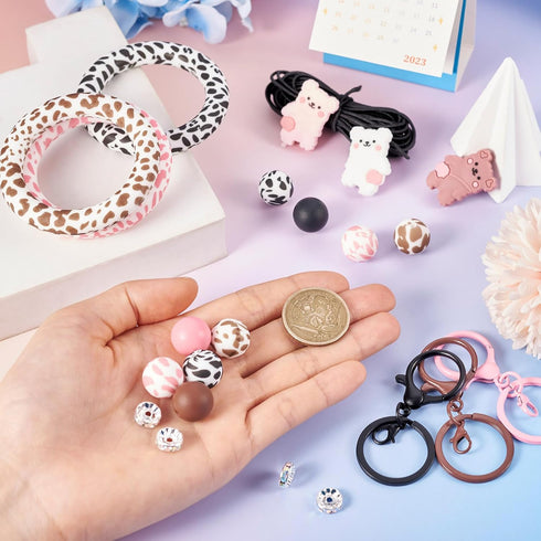 Magibeads 25Pcs Cow Bear Theme Silicone Beads for Keychain Making Kit 15mm Round Focal Beads Big Silicone Loop Rings Rhinestone Spacer Beads for C...