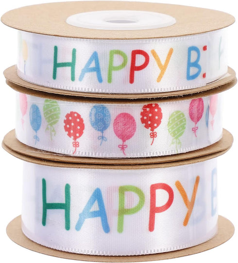 3 Rolls Happy Birthday Ribbon Roll Wide Satin Ribbon Happy Birthday Balloons Ribbon Wrapping Ribbon for Party Decoration...