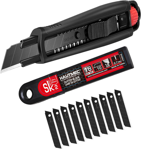 HAUTMEC 18mm Extra Heavy Duty Utility Knife with Double Lock Mechanism and 10pc Blade Set, Double Safety, SK2 Sharp Black Blade for Industrial or ...