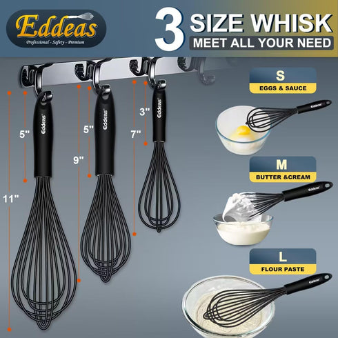 Whisk,Silicone Whisks for Cooking non Scratch Protect your ceramics from sticking to pots and pans.7+9+11in wisk.Perfect for Blending, Whisking, B...