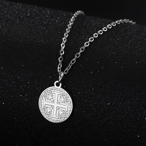 EUEAVAN Jerusalem Crusaders Cross Pendant Necklace Jerusalem Medallion Disc Greek Religious Medieval Jewelry Baptism Gift Women Men...