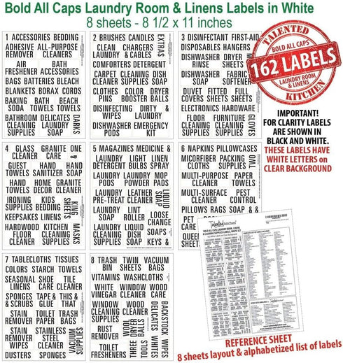 Talented Kitchen 162 Bold All Caps Laundry Room Labels Set. White Labels on Clear Backing,. 162 Laundry, Linen Closet & Cleaning Supplies Vinyl St...