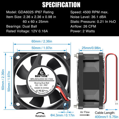 GDSTIME 60mm x 25mm 12V DC Waterproof IP67 Fan High Speed Dual Ball Bearing Small Brushless Cooling Fan for Solar Battery Box Server Ventilation...