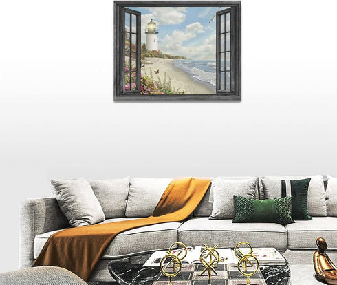 Lighthouse Nautical Wall Art Coastal Beach Pictures Canvas Prints Ocean Decorations Painting Framed Window Seascape Artwork Gifts Office Home Deco...