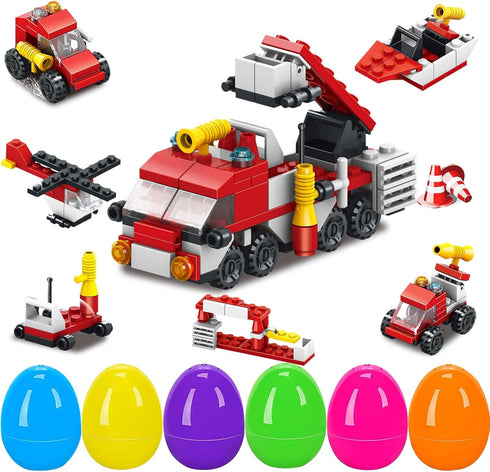 Easter Basket Stuffers, Fire Rescue Vehicles Building Block with 6 Characters,6 in 1 Car Building Kit Easter Eggs Easter Baskets for Kids...