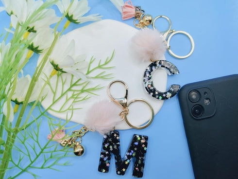 Black Alphabet Initial Letter Keychain Star Pink Tassel Charm with Fur Ball Pom Pendant Keyring for Purse Keys...