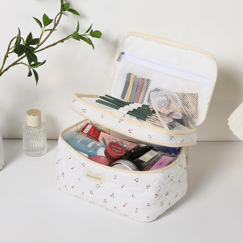 Quilted Makeup Bag, Cotton Cosmetic Bag with Handle Double Layer Travel Toiletry Bag for Women Cute Aesthetic Floral Makeup Bag (Double Cherry)...