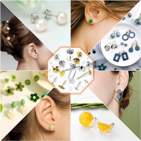 Hypoallergenic Earring Posts and Backs, Caffox 2000pcs Stud Earrings Making Kit with Ear Ring Base and Earring Backs for Leather Stud, Clay, Pearl...