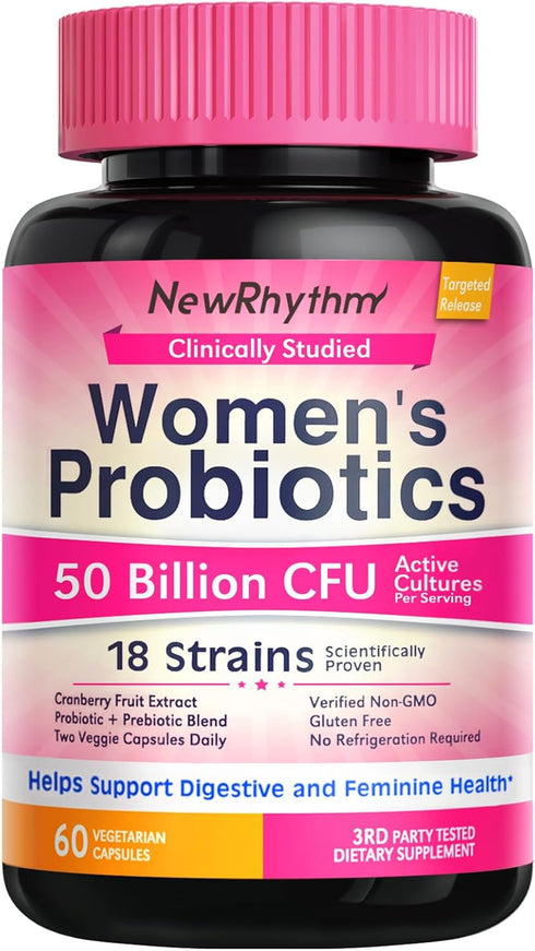 NewRhythm Women's Probiotics, Organic Cranberry for Feminine Health, 50 Billion CFU 18 Strains, Probiotics with Prebiotics, No Refrigeration Neede...