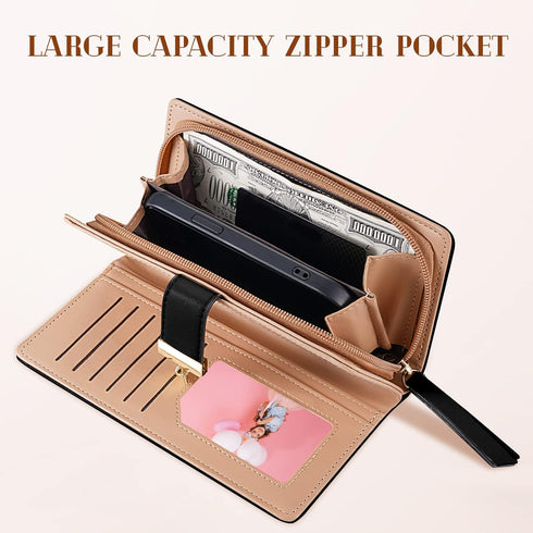 Women's Long Leaf Bifold Wallet Leather Card Holder Purse Zipper Buckle Elegant Clutch Wallet Handbag for Women - Black...