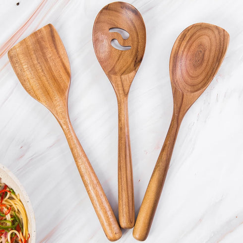 Thick Handle Wooden Spoon Utensils, Set of 3, Wooden Corner Spoons for Cooking, Acacia Wood Slotted Spoons Kitchen ScraperSpatula Safe for Nonstic...