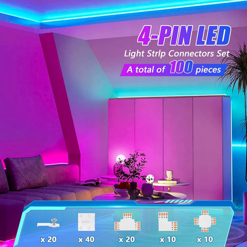 4-Pin 10mm RGB LED Light Strip Connectors, 100 Pieces Solderless and Gapless Adapter Terminal, Incl. Screw Clips, Cuttable T, L and X Shape for SM...