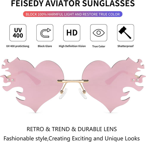 FEISEDY Melting Flame Heart Sunglasses For Women Men Trendy Rimless Fire Shaped Party Glasses B2366...