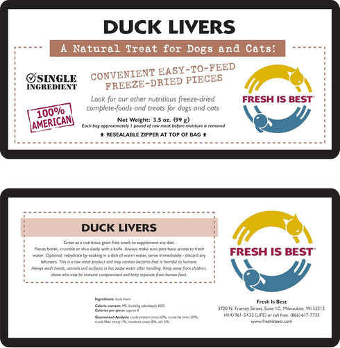 Fresh Is Best - Freeze Dried Healthy Raw Meat Treats for Dogs & Cats - Duck Livers...
