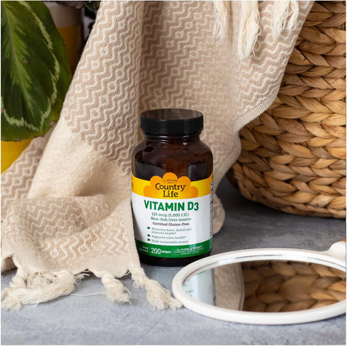 Country Life Vitamin D3 5000 IU for Immune and Bone Health, Calcium Absorption, and Colon Health - Sustainable Source from Lanolin, Available in V...
