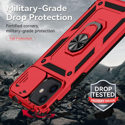 for iPhone 12 Mini Case with Slide Lens Cover, HD Screen Protector, Military Grade Drop Protection, Magnetic Rotated Ring Holder Kickstand Phone C...