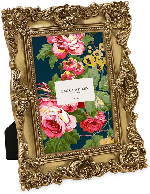 Laura Ashley 4x4 Gold Ornate Textured Hand-Crafted Resin Picture Frame with Easel & Hook for Tabletop & Wall Display, Decorative Floral Design Hom...