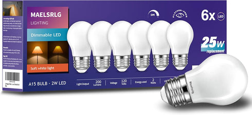 15-25 Watt Equivalent LED Light Bulbs, Dimmable, Soft White 2700K, E26 Medium Base, Low Watt LED Bulbs, 2W 200LM, A15 Frosted, Pack of 6...