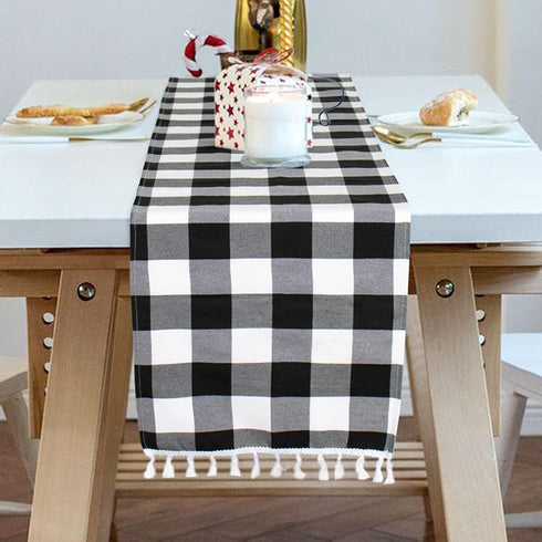 ShinyBeauty Buffalo Plaid Table Runner Black and White 13''x72'' Buffalo Check Table Runner Tassel Runner Checkered Table Cover Classic Gingham Ta...