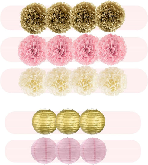 EpiqueOne 22-Piece Tissue Paper Pom Poms Party Set - Pink, Gold & Ivory | Includes 12 Pom Poms, 6 Paper Lanterns, 3 Honeycomb Balls & 1 6.5 ft. Ga...