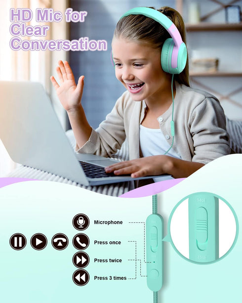 ELECDER Kids Headphones, S8 Wired Headphones for Kids with Microphone for Boys Girls, Adjustable 85dB/94dB Volume Limited, 3.5 mm Jack for/Kindle/...