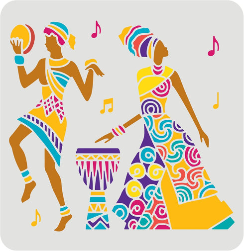 FINGERINSPIRE African Tribe Stencil Template 11.8x11.8 inch, Reusable Plastic Stencils Men Women Dancers Ethnic Tribal Stencils, Square Painting T...