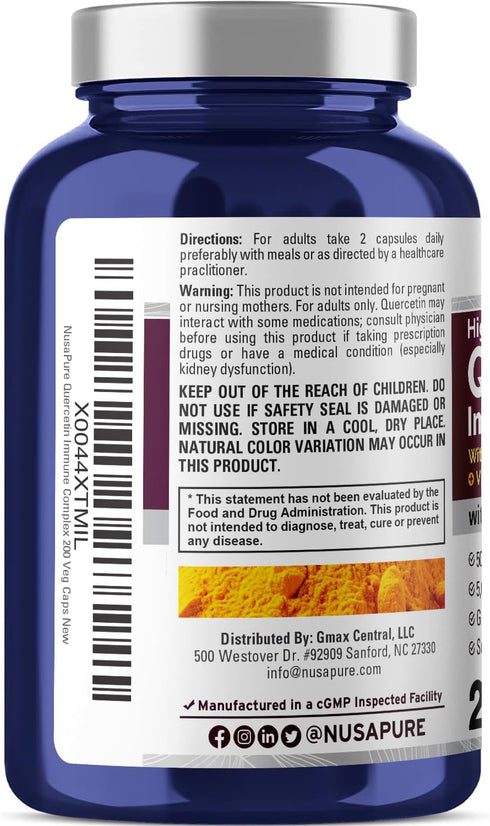 NusaPure Quercetin complex: Bromelain, Vitamin C, Vitamin D3, Stinging Nettle, Zinc | 200 Veggie Caps (Non-GMO, Bioperine)...