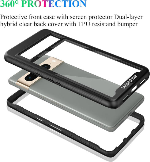 wahhle Google Pixel 7 Pro Case, Built in Screen Protector Full Body Shockproof Slim Fit Bumper Protective Phone Cover for Pixel 7 Pro Men Women-Bl...