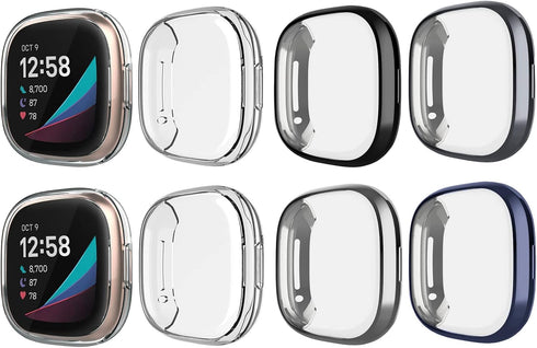 8 Pack Case Compatible with Fitbit Versa 3 / Sense Screen Protector, Ultra Slim TPU Plated Cover Anti-Scratch Shockproof All Around Bumper Shell A...
