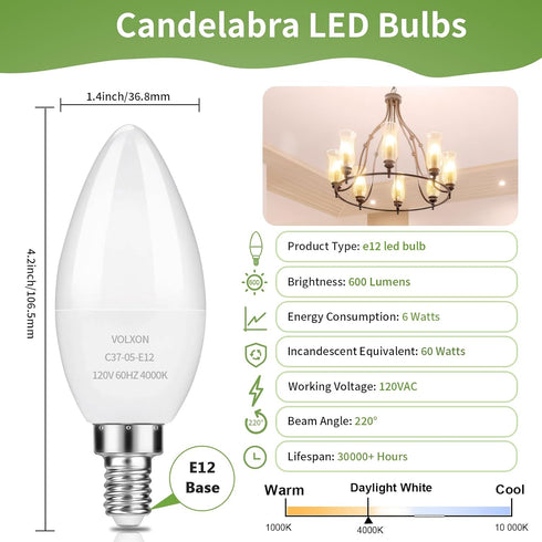 LED Candelabra Bulbs, E12 Ceiling Fan Light Bulbs Small Base, 6W Equivalent 60W, 600 Lumens Neutral White 4000K, B10/B11 Type B Chandelier Light B...