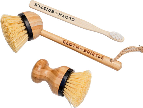 Cloth + Bristle Bamboo Cleaning Brush Combo Set, Versatile Dish Scrub Brush, Pot Brush, and Detail Brush for Kitchen, Grout, and Household Cleanin...