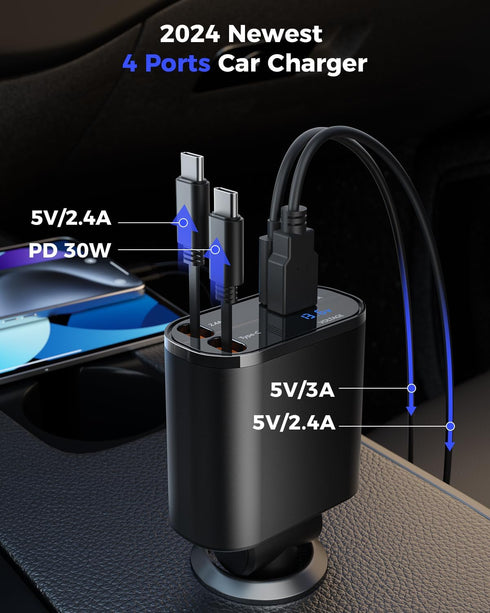 SUPERONE Retractable Car Charger for iPhone with Dual Lightning Cables, 4 in 1 USB C Car Charger Adapter with PD 60W Fast Charging Compatible with...