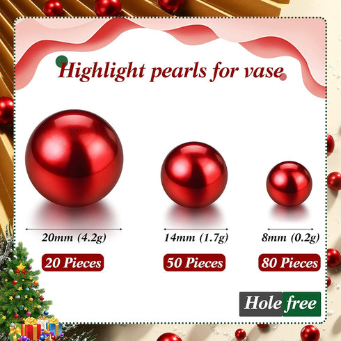 150 Pieces Vase Filler Faux Pearls Vase Makeup Beads No Hole Gloss Bead Mixed Sizes Round Pearl for Home Party Wedding Decor, 8/14/20 mm(Red)...