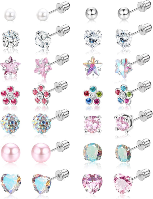 YADOCA 14 Pairs Hypoallergenic Screw Back Earrings for Girls Women Surgical Steel Tiny CZ Pearl Ball Heart Flower Screwback Earrings Studs Set Mul...