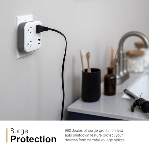 GE UltraPro 3-Outlet Surge Tap with USB, Outlet Extender, 1 USB-A, 1 USB-C, Adapter Spaced, for Home or Office, 900J, White - 81787...