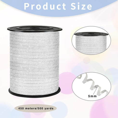 Silver Curling Ribbon, 500 Yard Glitter Silver balloon string, 1/5" ribbon curling for Present Wrapping, Balloon Ribbon, Birthday, Party, Festival...