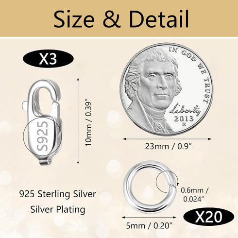 925 Sterling Silver Jewelry Making Lobster Claw 10mm, 23PCS Italian Rectangle Trigger Clasps with Open Jump Rings Set, Small Necklaces Bracelet Co...