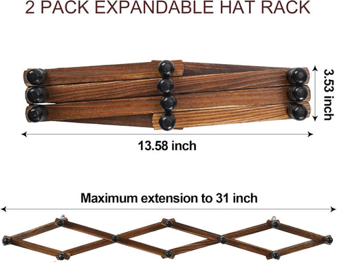 WGFKVAS 2 Pack Accordion Hat Rack for Wall - Expandable Coat Rack & Wall Mounted Hat Holder - Wooden Wall Hanger with 10 Peg Hooks for Coats, Base...
