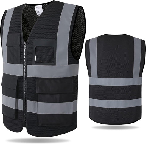 Reflective Safety Vest for Men Women with 8 Pockets and Zipper High Visibility Mesh Construction Work Vest Meets ANSI/ISEA Standards (KZ170-Black,...