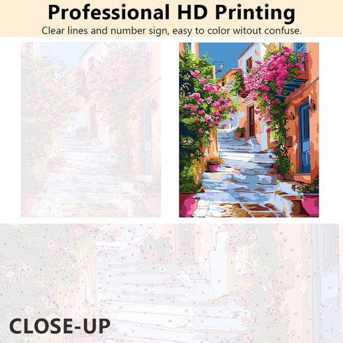 Mediterranean Town Scenery Paint by Numbers Kit for Adults, Street Filled with Colorful Flowers DIY Paint by Numbers, Watercolor Natural Landscape...