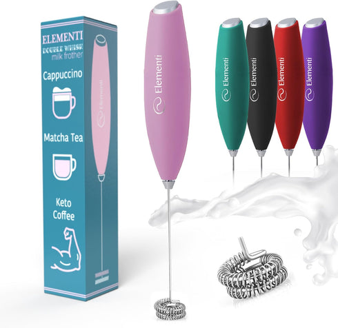 Elementi Milk Frother Handheld Double Whisk - Coffee Frother Electric Stirrer, Matcha Whisk & Drink Mixer Handheld - Handheld Frother Whisk - Elec...