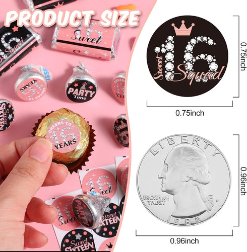 Zonon 504 Pieces Sweet 16 Birthday Party Favors Stickers Mini Kisses Candy Stickers Sweet Sixteen Round Chocolate Candy Wrappers for 16th Birthday...