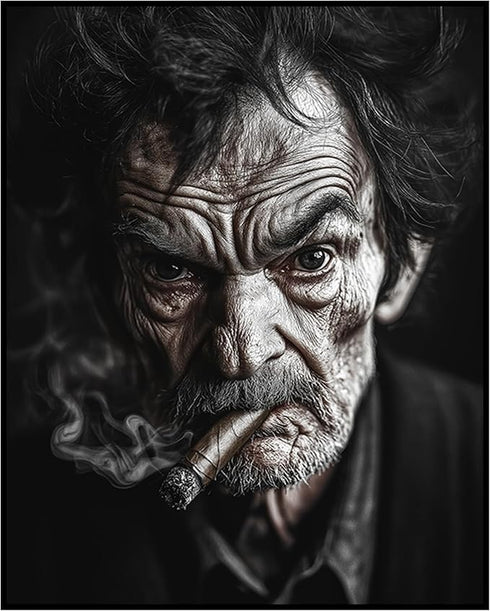 Posterizer 1 pcs-close up black and white portrait of a rugged man smoking 1-Photography Art-Retro Art-Decorations for Bedroom, Office, Living Roo...