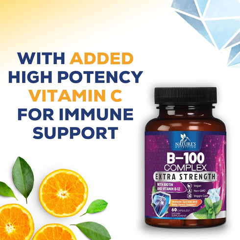B Complex Vitamins with Vitamin B1 B2 B3 B6 B12 B100 C & Folic Acid - Supplement for Energy, Brain, & Immune Support - Super B Vitamin Complex for...