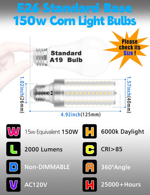 E26/E27 LED Bulb, 150w Equivalent 2000 Lumen 6000K Daylight White 15W Ceiling Fan LED Light Bulb for Home Garage Warehouse Indoor Outdoor Led Corn...