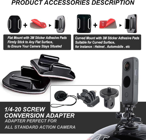 Universal Helmet Adhesive Sticky Mount for Action Cameras, Includes 4 Curved/Flat Mounts, 2 Anchors, 2 Base Mounts, 2 Tripod Adapters, Compatible ...