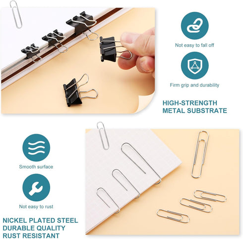 Binder Clips Paper Clips, 360 Pcs Binders & Paperclips Assorted Sizes with Container, Silver Paper Clips & Black Binder Clips Office Supplies, Pap...