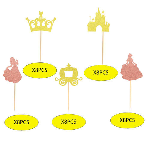 Pack of 40 Pre-Assembled Princess Cupcake Toppers Crown Castle Girl Cupcake Toppers Birthday Fruits Picks for Princess Theme Party Decoration...