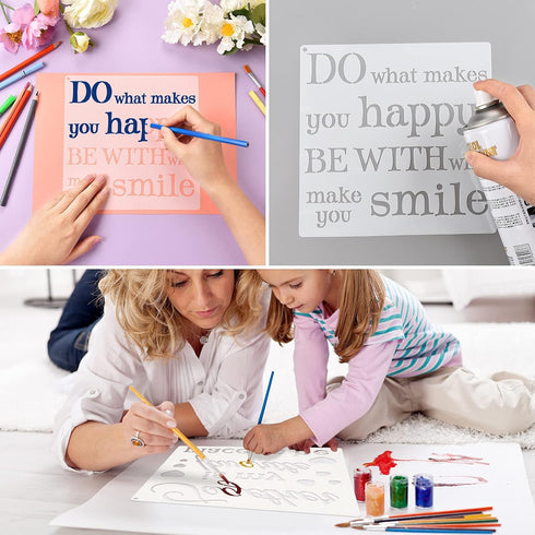 16 Pieces Inspirational Word Stencils Family Sign Stencils Reusable Painting Stencils Love Home Template with Metal Open Ring for Painting on Wood...