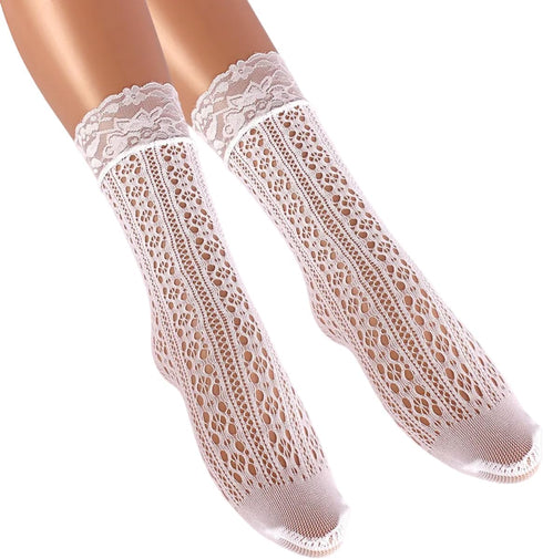 Lace Socks for Women | White Crew Mid-Calf Socks with Lace Trim...